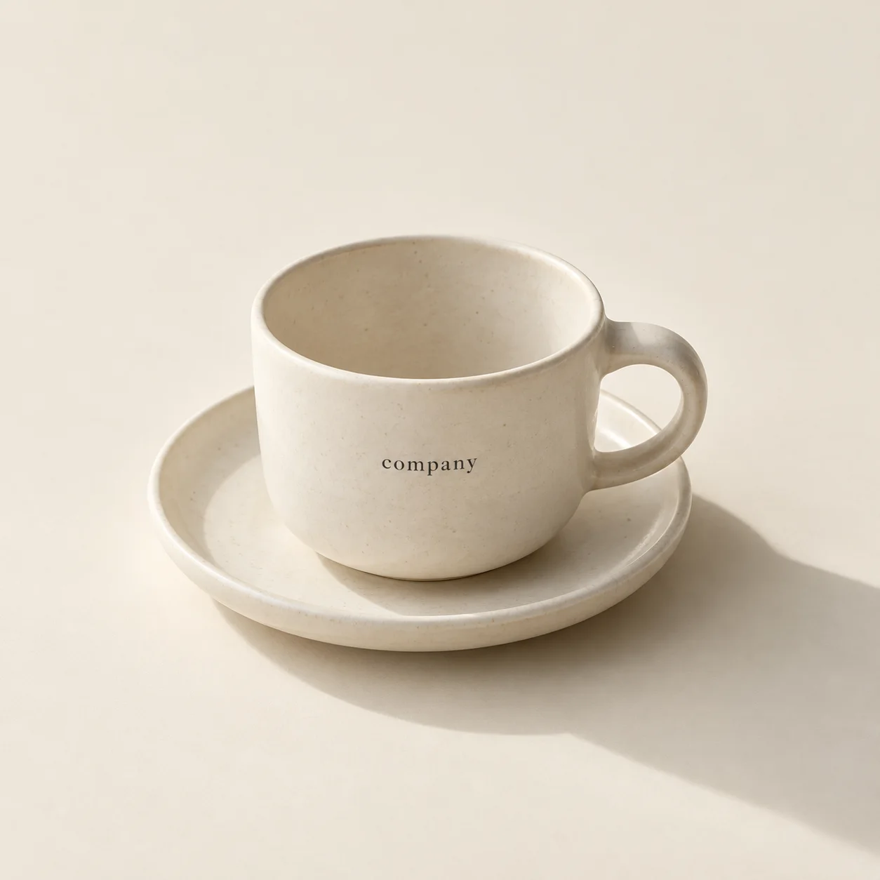 Warm-white Company Coffee stoneware cup and saucer with a clean directional shadow
